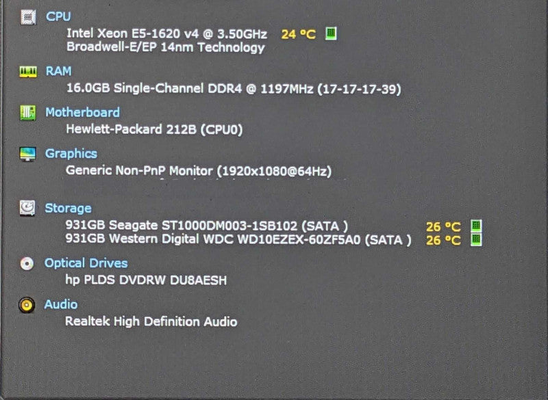 HP Z440 Workstation, Xeon E5-1620 v4 3.50GHz 4C, 16GB DDR4, 2x 1TB HDD, No GPU