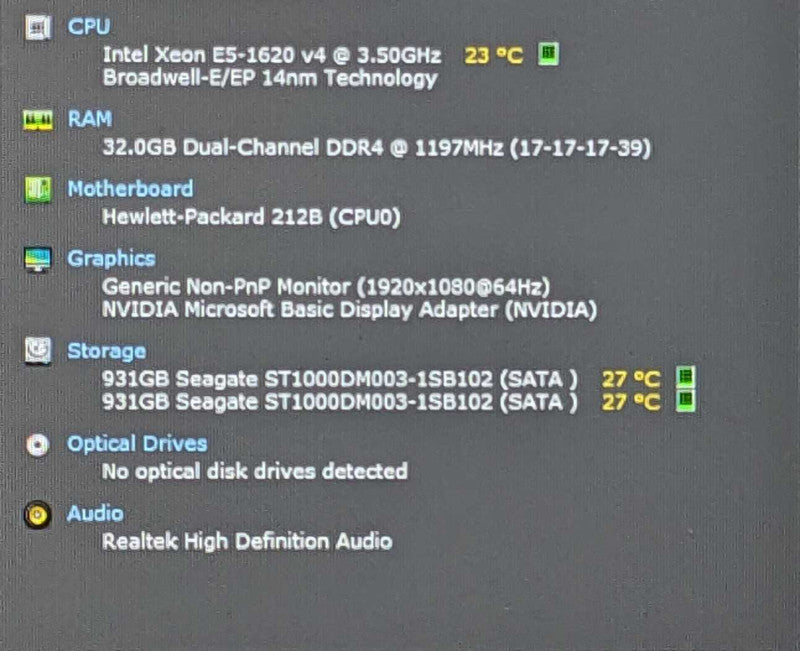 HP Z440 Workstation, Xeon E5-1620 v4 3.50GHz 4C, 32GB DDR4, 2x 1TB HDD, K600