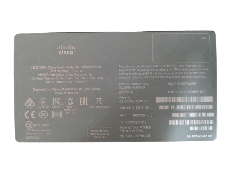Cisco Video Spark Codec Plus CS-CODEC-PLUS TTC7-25 Conference Webex Room Kit