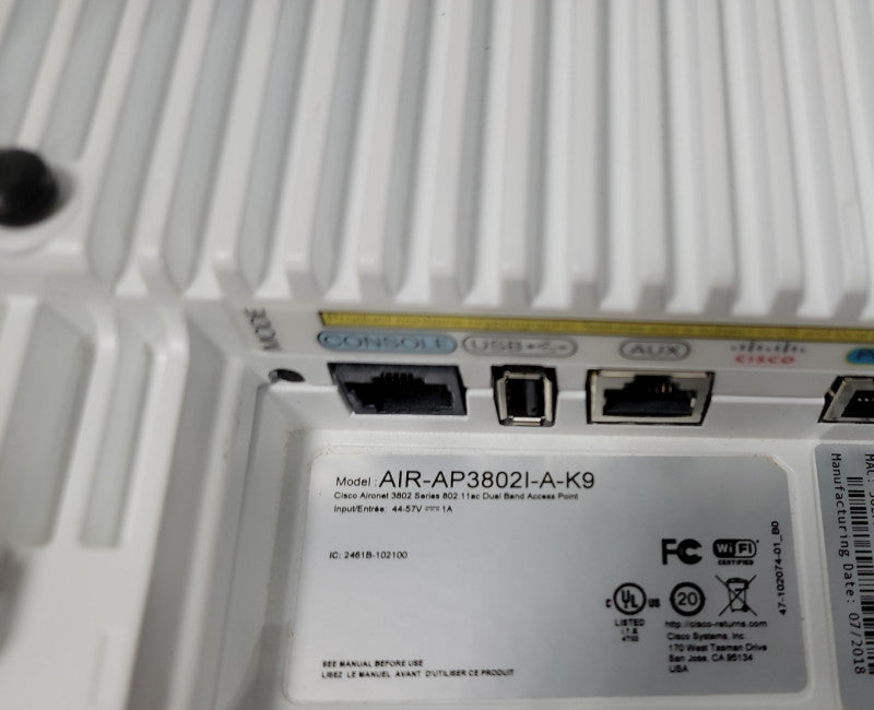 CISCO AIR-AP3802I-A-K9 Aironet 3802I 802.11ac Wireless Access Point V02 Q