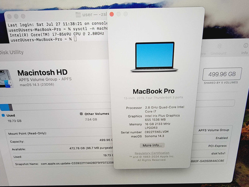 Apple Macbook Pro 2019 13\\" 4-Core i7-8569U @ 2.8GHz 16GB DDR3 512GB SSD (