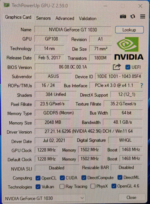 ASUS GT 1030 Silent CSM 2GB GDDR5 Graphics Card | DVI HDMI | GT1030-2G-CSM