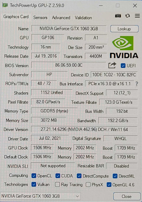 HP NVIDIA GeForce GTX 1060 3GB GDDR5 Graphics