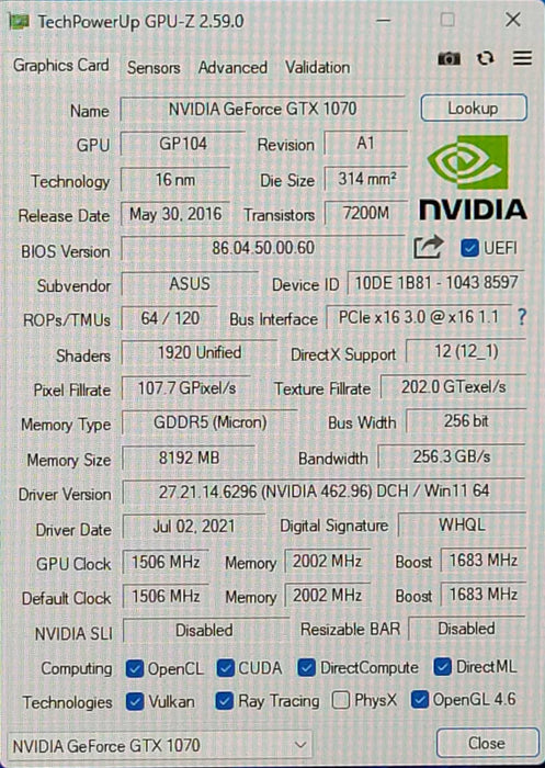 ASUS NVIDIA GeForce GTX 1070 8GB GDDR5 Graphics Card