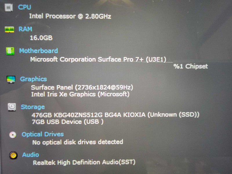 MS Surface Pro 7+ 1960 | 4-Core i7-1165G7 @2.8GHz | 16GB RAM | 512GB SSD