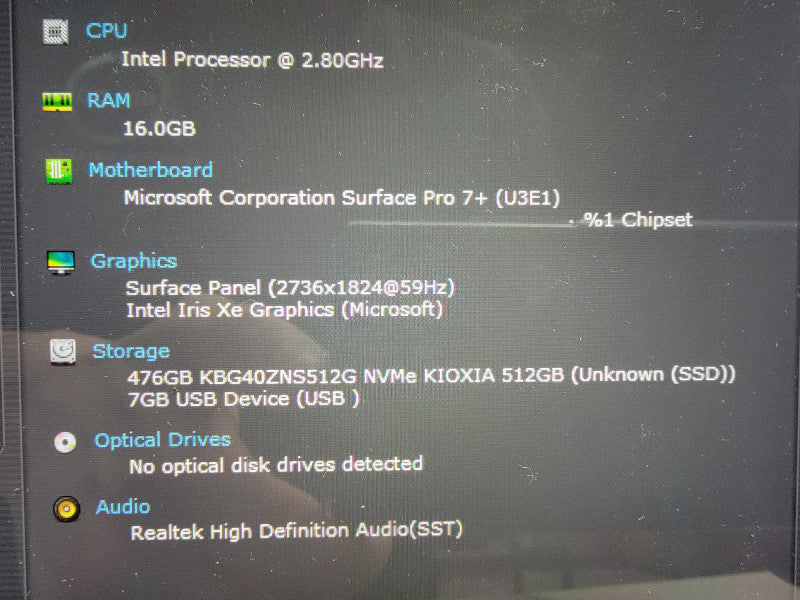 MS Surface Pro 7+ 1960 | 4-Core i7-1165G7 @2.8GHz | 16GB RAM | 512GB SSD