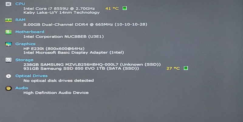 Intel NUC BOXNUC8I7BEH1, i7-8559U 2.70GHz, 8GB DDR4, 256GB NVMe, 1TB SSD, WiFi, PWR