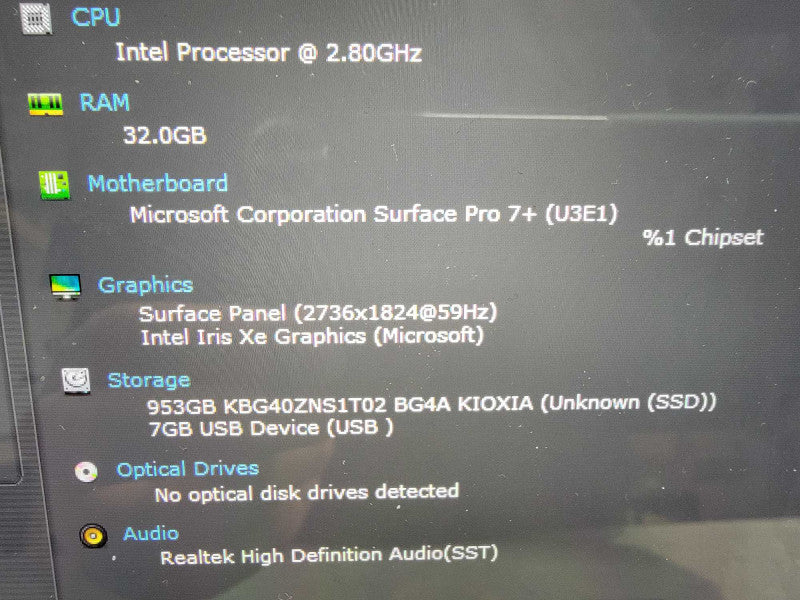 MS Surface Pro 7+ 1960 | 4-Core i7-1165G7 @2.8GHz | 32GB RAM | 1TB SSD - READ