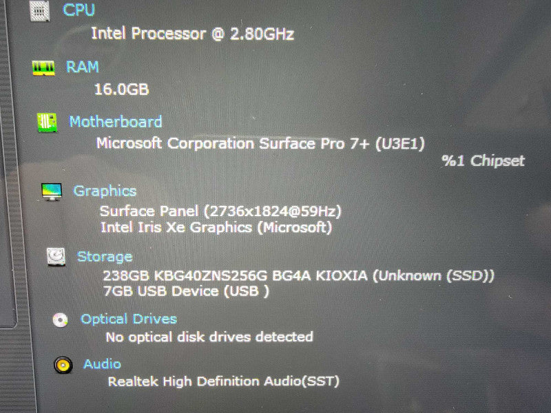 MS Surface Pro 7+ 1960 | 4-Core i7-1165G7 @2.8GHz | 16GB RAM | 256GB SSD
