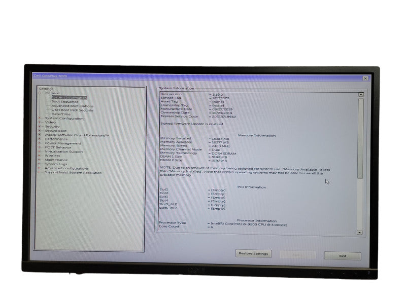 Dell OptiPlex 3070 Tower i5 - 9500 CPU @ 3.00GHz 16GB DDR4 Ram Î¸