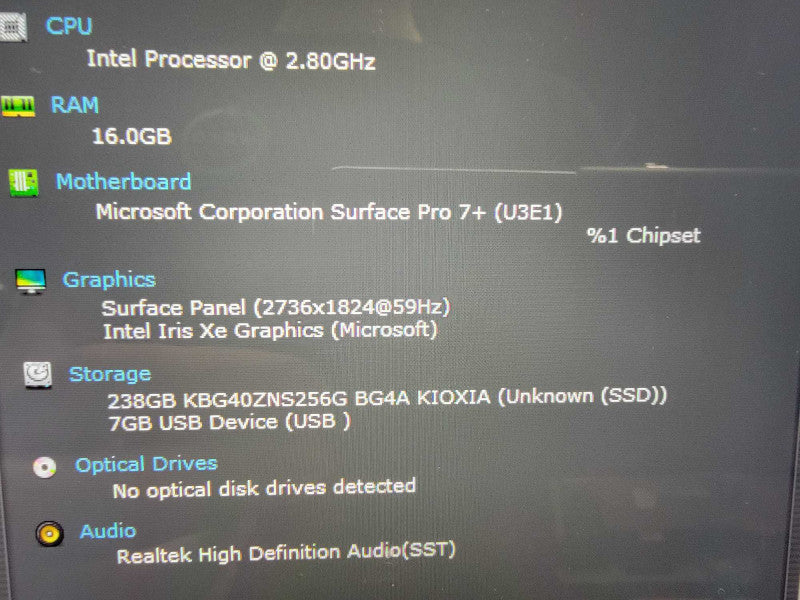 MS Surface Pro 7+ 1960 | 4-Core i7-1165G7 @2.8GHz | 16GB RAM | 256GB SSD