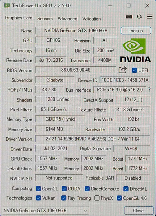 GIGABYTE NVIDIA GTX 1060 6GB Graphic Card