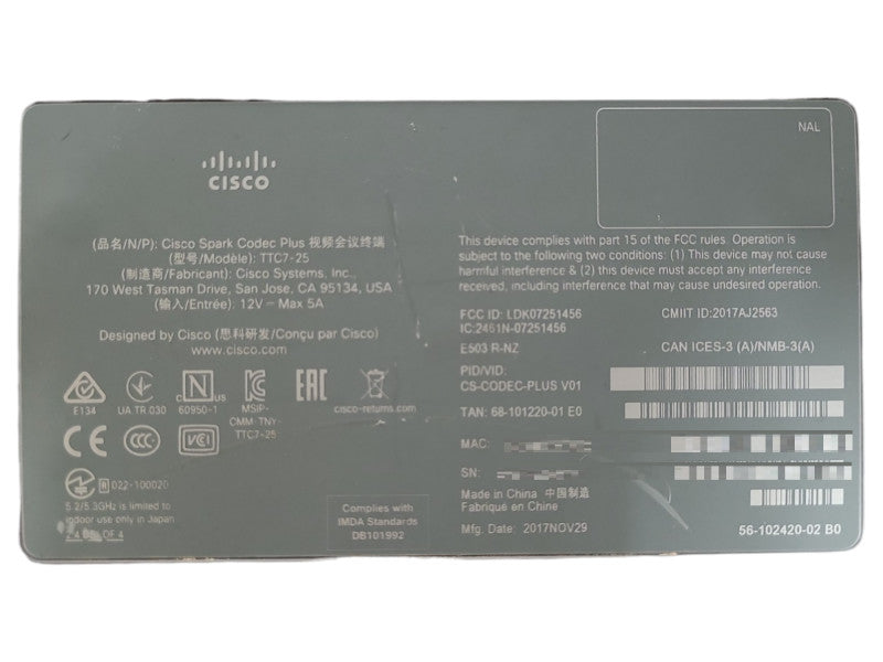 Cisco TTC7-25 Video Conference Device Webex Room Codec Plus