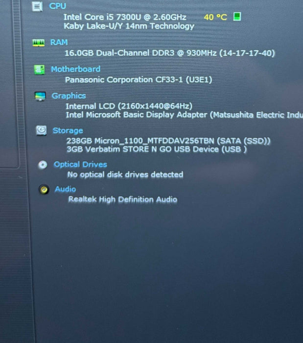 Panasonic ToughBook CF-33VEK TOUCH i5-7300U@2.6GH 16GB RAM 256GB SSD 13930Hrs