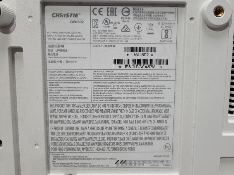 Christie LWU502, 3LCD WUXGA 5000 Lumen Projector, Lamp hour: 606Hrs