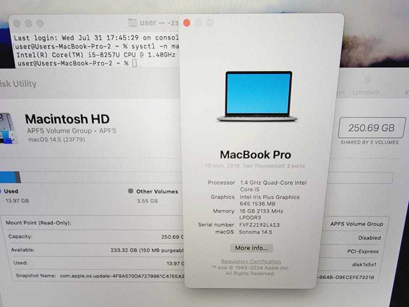 Apple Macbook Pro 2019 4-Core i5-8257U @ 1.4GHz 16GB DDR3 256GB SSD (