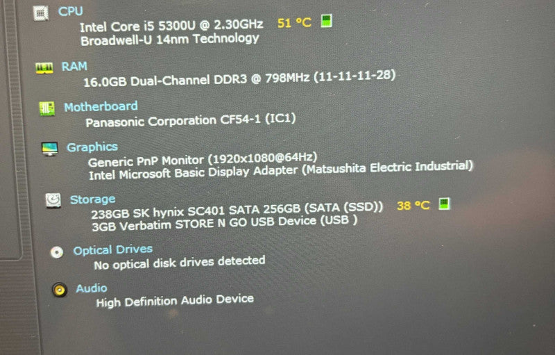 Panasonic ToughBook CF54 TOUCH i5-5300 16GB 256SSD 32130Hrs No HDD Caddy READ