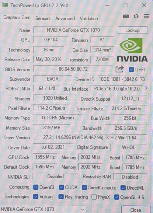 EVGA GeForce GTX 1070 ACX3.0 SC 8GB GDDR5 Graphics Card 3x DP, 1x HDMI 1x DVI Q
