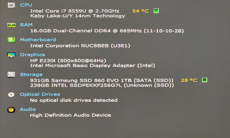Intel NUC BOXNUC8I7BEH1, i7-8559U 2.70GHz, 16GB DDR4, 256GB NVMe, 1TB SSD, WiFi