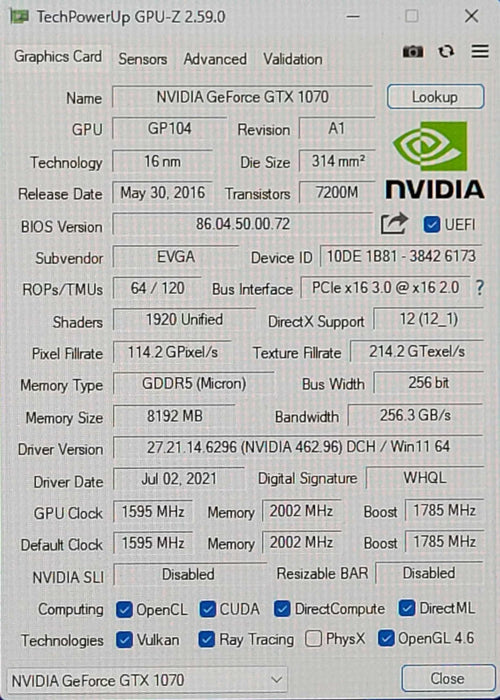 EVGA GeForce GTX 1070 ACX3.0 SC 8GB GDDR5 Graphics Card