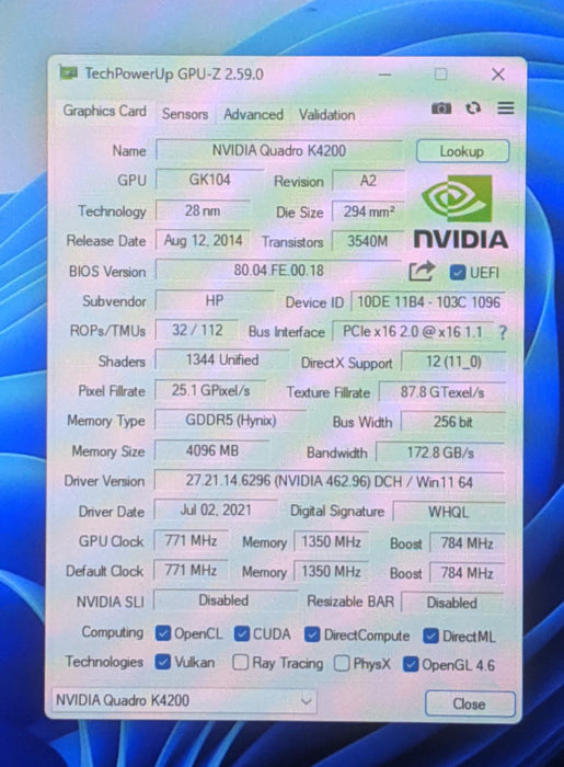 NVIDIA Quadro K4200 4GB GDDR5 GPU 1xDVI and 2xDisplay Ports
