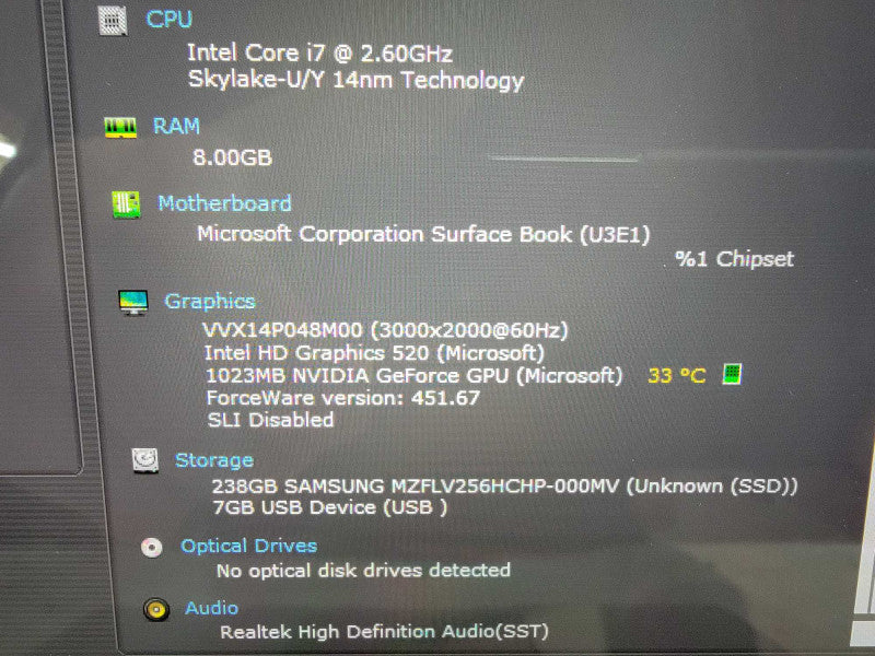 MS Surface Book | i7-6600U @2.6GHz | 8GB RAM | 256GB SSD | - READ  Lap200