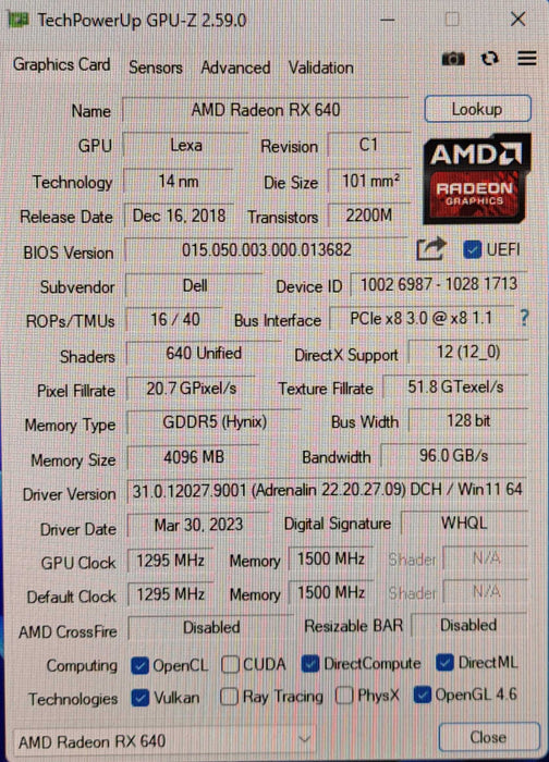 Dell AMD Radeon RX640 | 4GB GDDR5 Low Profile Graphics Card | 2x MiniDP 1x DP