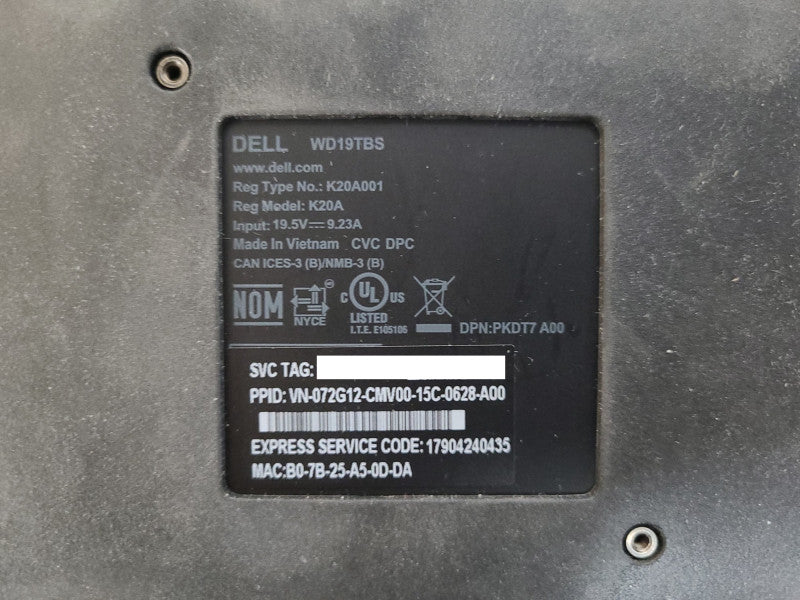 Dell WD19TBS K20A001 Thunderbolt DP HDMI Docking Station w/ 180W AC Adapter