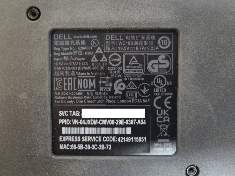 Dell WD19S K20A001 K20A USB-C Docking Station Dock w/ 180W AC Adapter