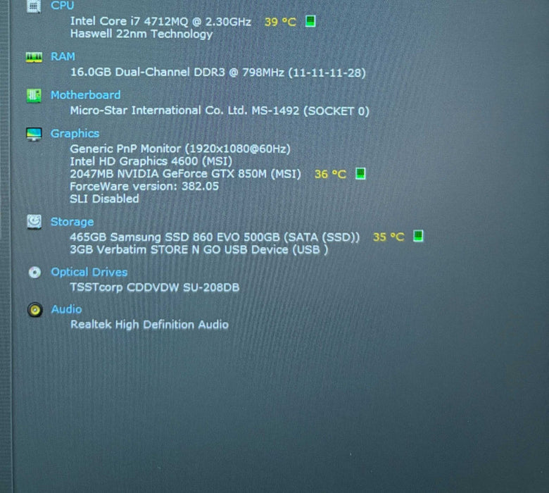 MSI MS-1492 GE40 i7-4712MQ@2.3GHz GTX 850M 2GB GPU 16GB RAM 500GB SSD  Lap200