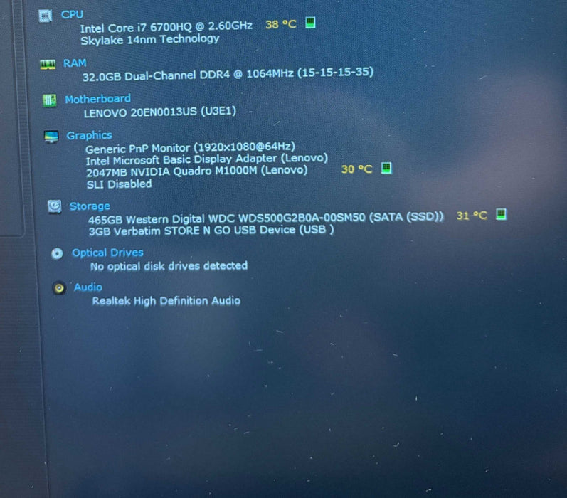 Lenovo ThinkPad P50 i7-6700HQ@2.6GHz QUADRO M1000M 2GB GPU 32GB RAM 500GB SSD  Lap200