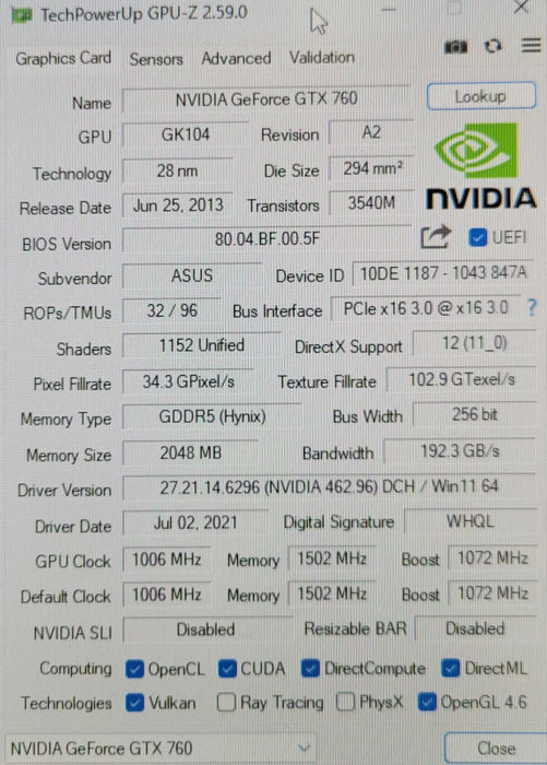 Asus GeForce GTX760 HD 6950 800M 2GB DDR5 Dual MINIDP HDMI DUAL DVI PCI-E _