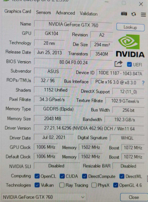 Asus GeForce GTX760 HD 6950 800M 2GB DDR5 Dual MINIDP HDMI DUAL DVI PCI-E _