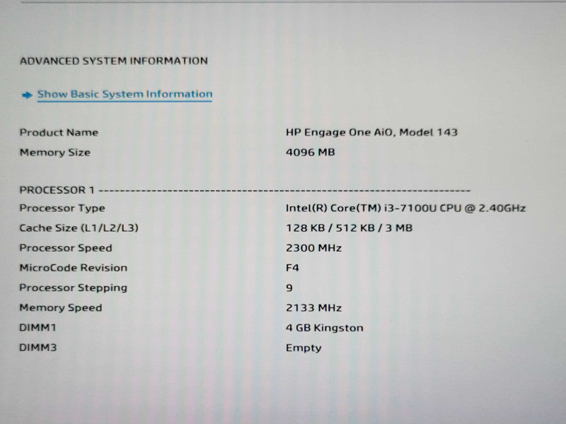 HP ENGAGE ONE 143 14" AIO POS SYSTEM Core I3-7100U, 4GB, 128GB, SEE Q_