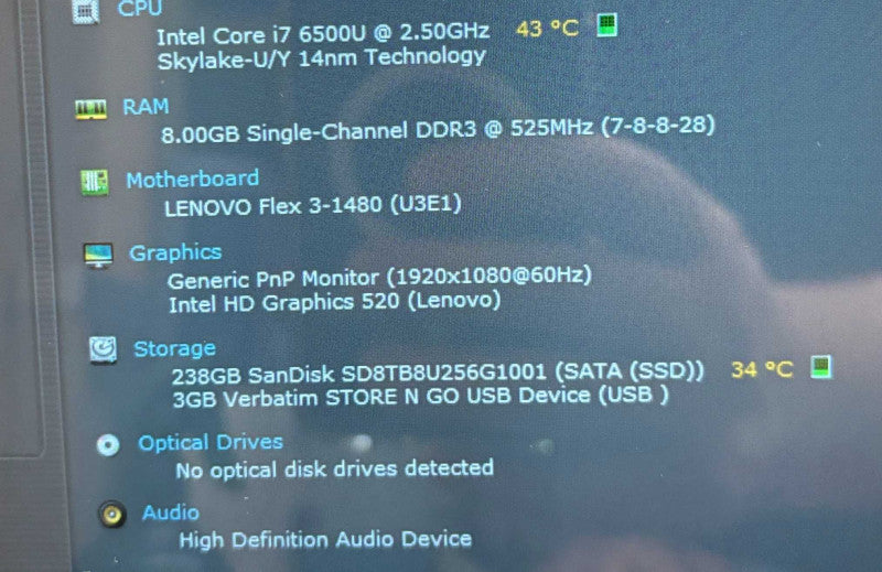 Lenovo Flex 3-1480 TOUCH Intel Core i7-6500U@2.5GHz 8GB RAM 256GB SSD  Lap200