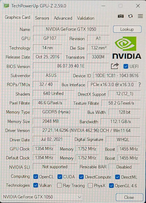 Asus NVIDIA Geforce GTX 1050 2 GB GDDR5 PCI Express 3.0 x16 Video Card