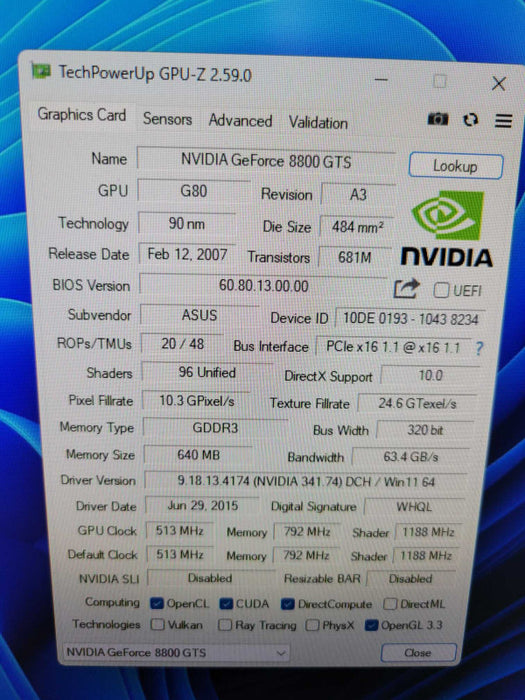 ASUS NVIDIA GEFORCE 8800GTS 640MB PCIE %