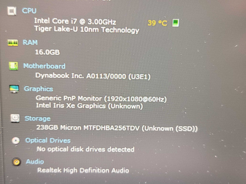 Toshiba DynaBook A40-J| i7-1185G7| 16GB DDR4| 256GB M.2  Qβ Lap200