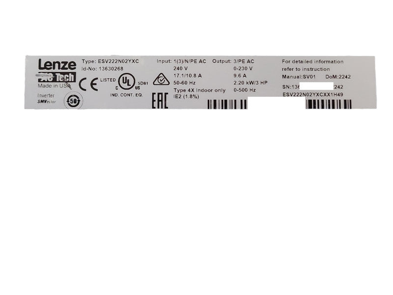 Lenze ESV222N02YXC Ac Vfd Drive 240v-ac 0-500hz 0-230v-ac 3hp, READ _