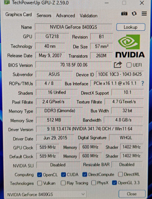 ASUS GeForce 8400GS 512MB PCI-Express Silent Graphics Card | VGA, DVI & HDMI