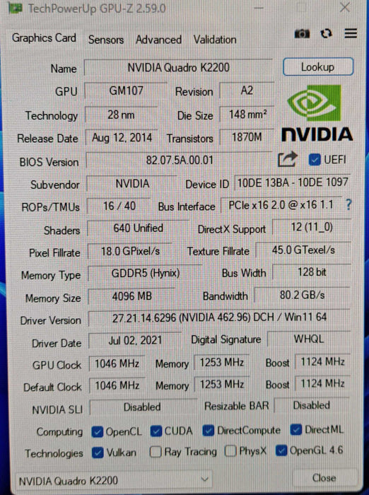 Nvidia Quadro K2200 | 4GB GDDR5 PCI-E Graphics Card | DVI Display Port