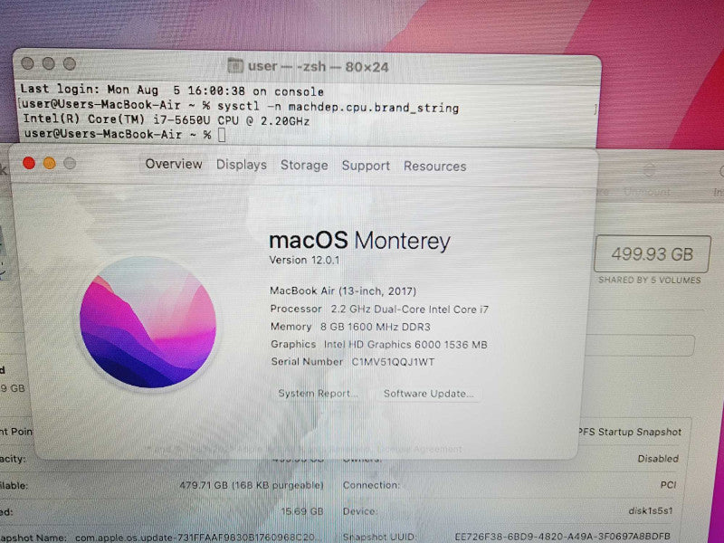 Apple Macbook Air 2017 2-Core i7-5650U @ 2.2 8GB DDR3 512GB SSD (