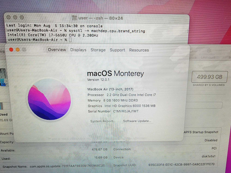 Apple Macbook Air 2017 2-Core i7-5650U @ 2.2 GHz 8GB DDR3 512GB SSD (