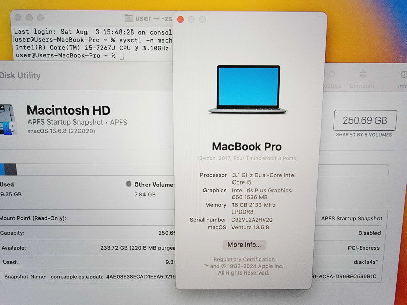 Apple Macbook Pro 2017 13" 2-Core i5-7267U @ 3.1GHz 16GB DDR3 256GB SSD (