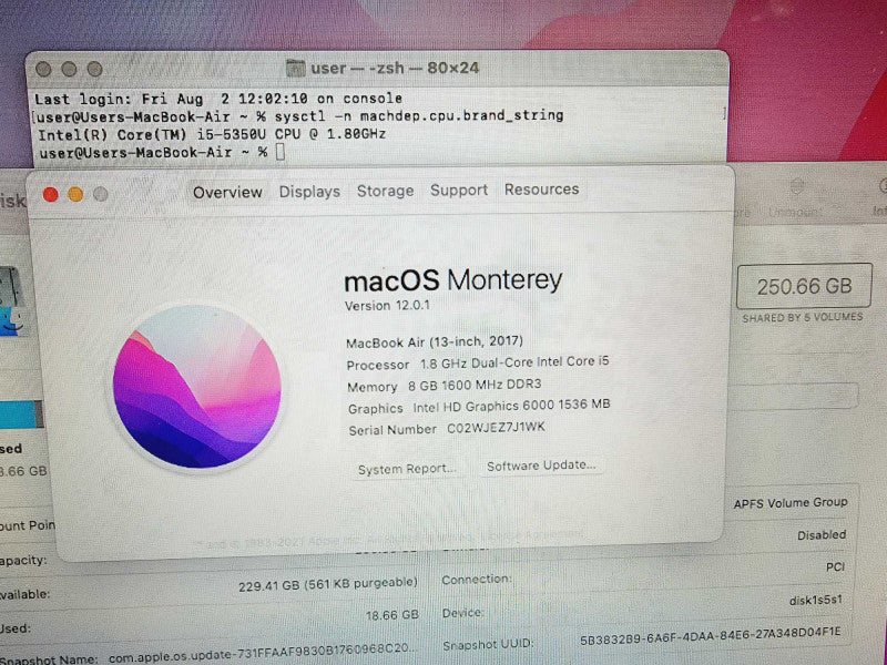Apple Macbook Air 2017 13" 2-Core i5-5350U @ 1.8GHz 8GB DDR3 256GB SSD (