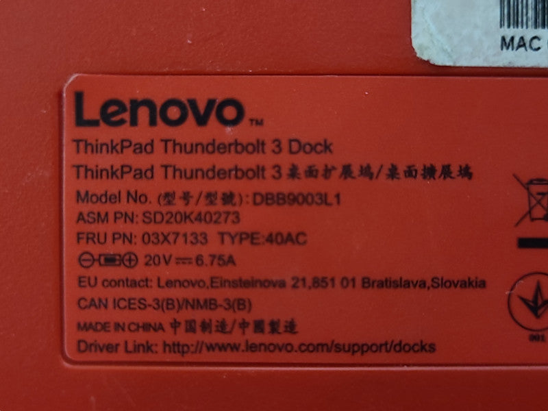 Lenovo ThinkPad Thunderbolt 3 USB-C Dock, 40AC, READ