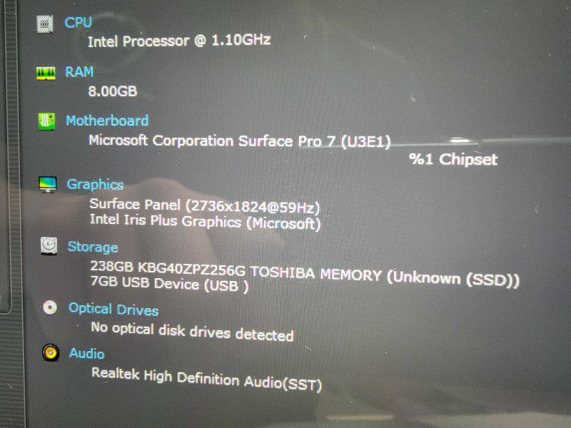 MS Surface 7 Pro 1866 | 4-Core i5-1035G4 @1.1GHz | 8GB RAM | 256GB SSD - READ