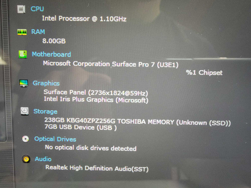 MS Surface Pro 7 1866 | 4-Core i5-1035G4 @1.1GHz | 8GB RAM | 256GB SSD - READ