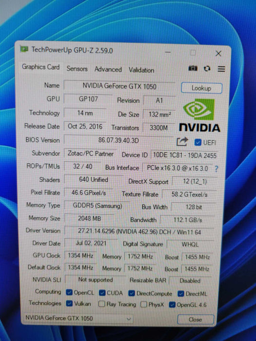 ZOTAC NVIDIA GTX 1050 2GB PCIE - Full Bracket %