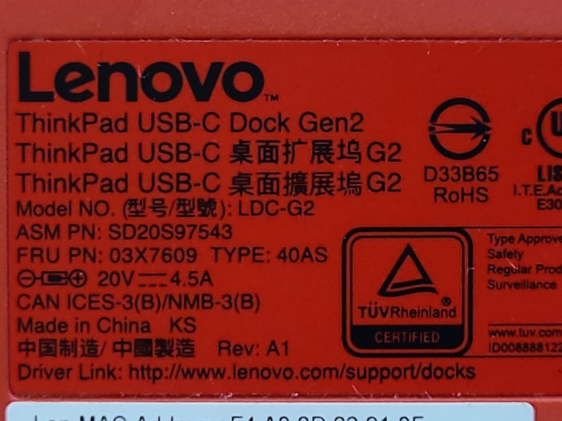 Lenovo ThinkPad USB-C Dock Gen 2 Docking Station, 40AS w/ 90W PWR Q